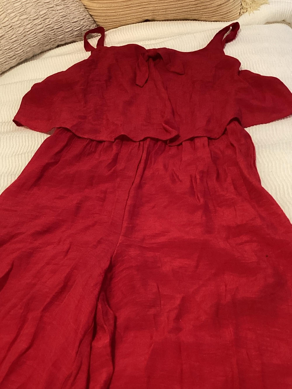NAIF Red Linen-Blend Ruffle Strap Jumpsuit